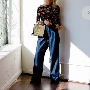 Frame High Rise Pleated Wide Leg Chino Blue Denim Women's Size 28